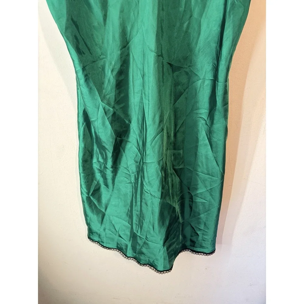 Vintage Satin Slip Lingerie Dress Nighty‎ Green Lace Trim Medium Made In USA